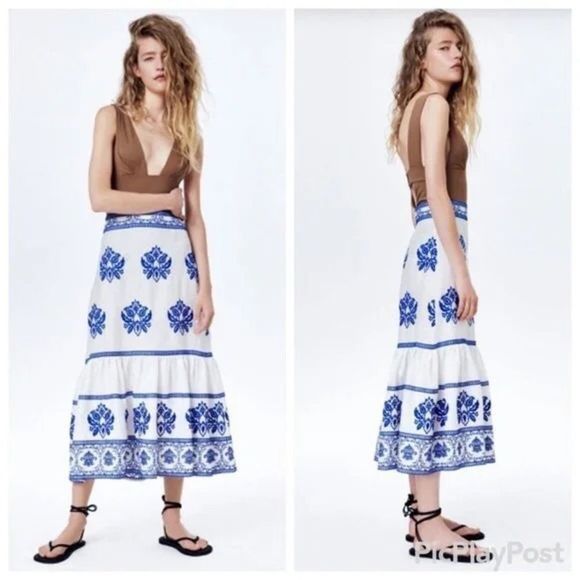 Zara Embroidered Blue and White Midi Skirt - Picture 8 of 16
